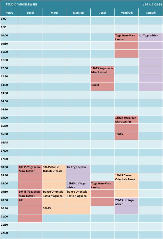 Planning des cours du Studio Wroblewski pour 2024-2025