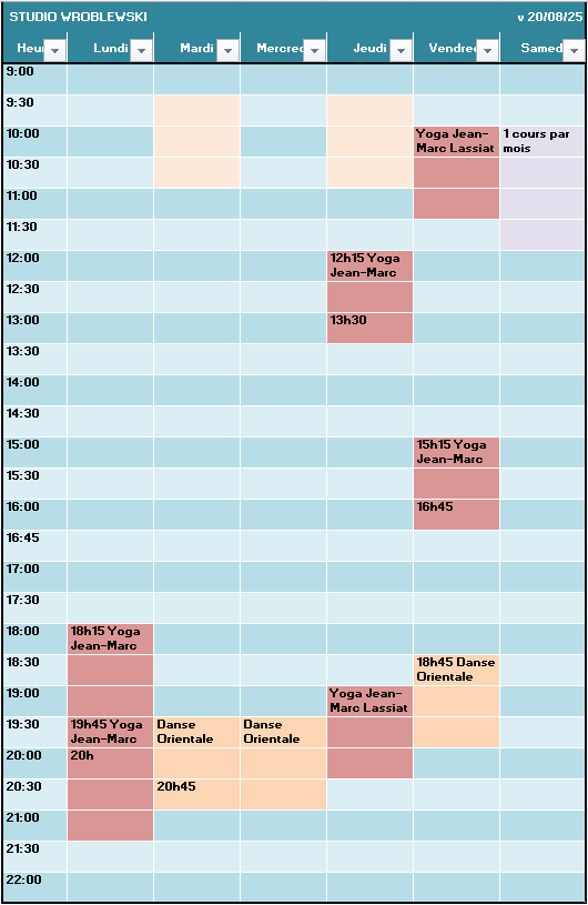 Planning des cours du Studio Wroblewski pour 2025-2026